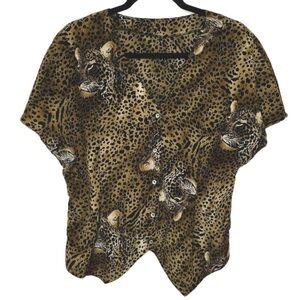 Leopard Print Short Sleeve Blouse V-Neck, Size XL or 1X